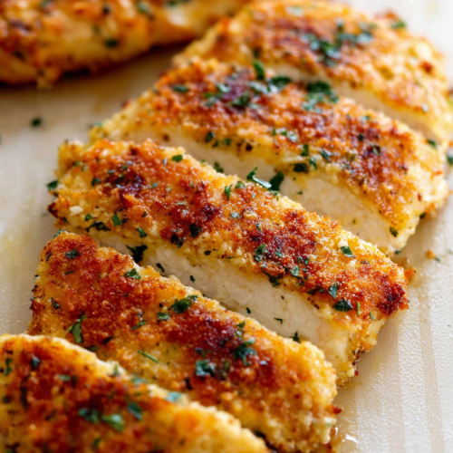 Close-up of juicy chicken cut into slices with a crunchy golden coating.