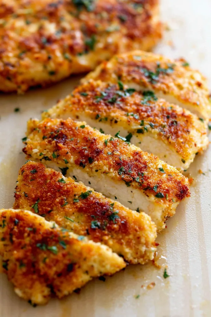 Close-up of juicy chicken cut into slices with a crunchy golden coating.