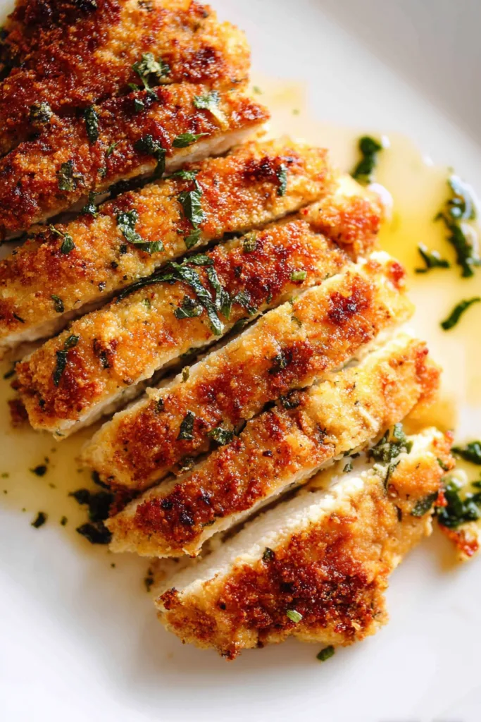 Sliced crispy breaded chicken breast with golden crust and fresh herbs.