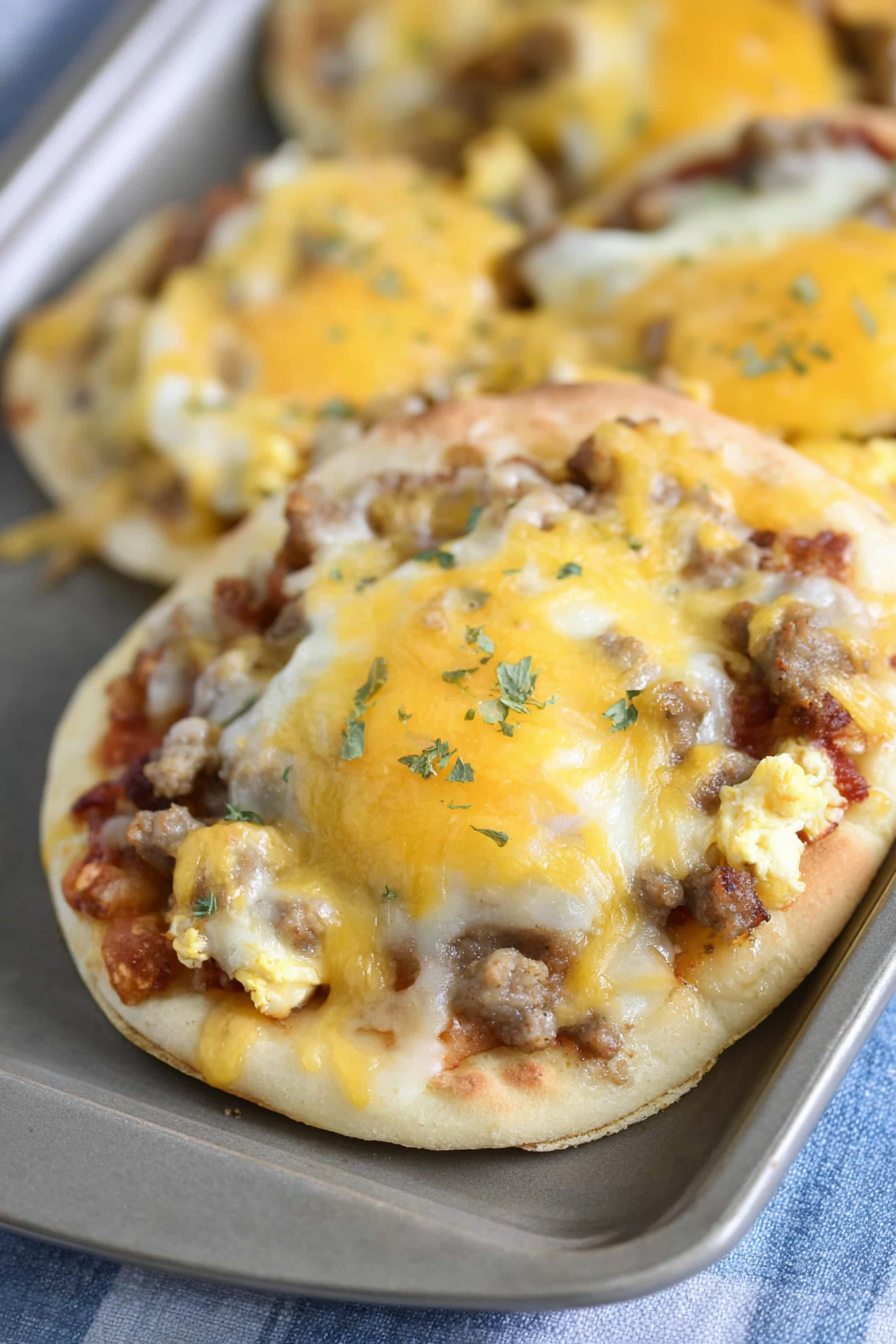 Close-up of a freshly baked breakfast-style pizza with golden cheese and savory toppings.