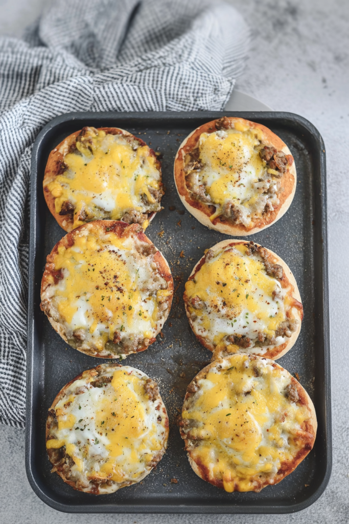 Cheesy breakfast pizza with sausage and eggs on a soft crust, freshly baked.