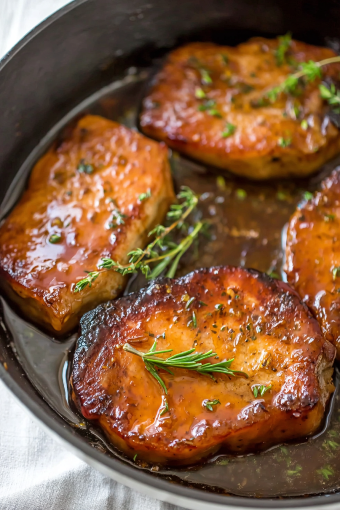 Skillet of seared pork chops with a shiny coating, accented by fresh herbs for a rustic presentation.