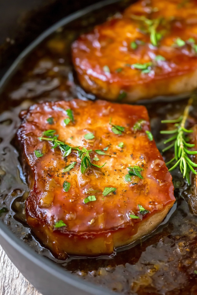 Juicy pork chops cooked to a deep golden crust, surrounded by a sticky, flavorful glaze.