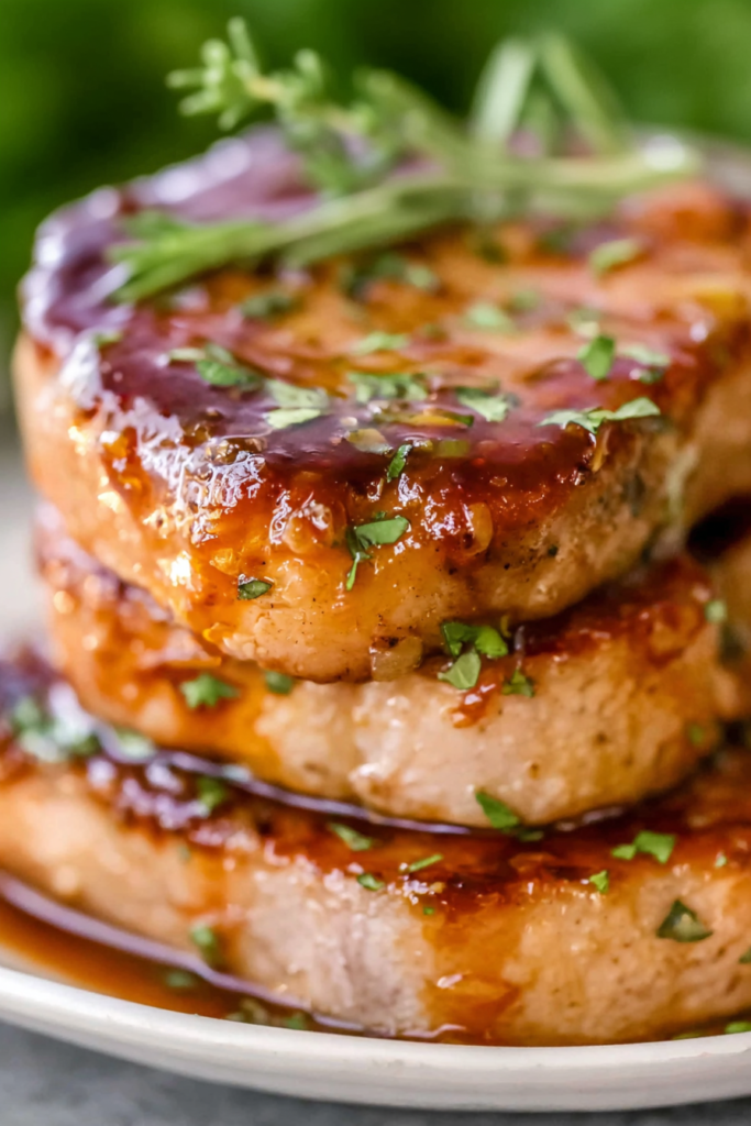 Close-up of caramelized pork chops resting in a rich sauce, finished with sprigs of thyme.