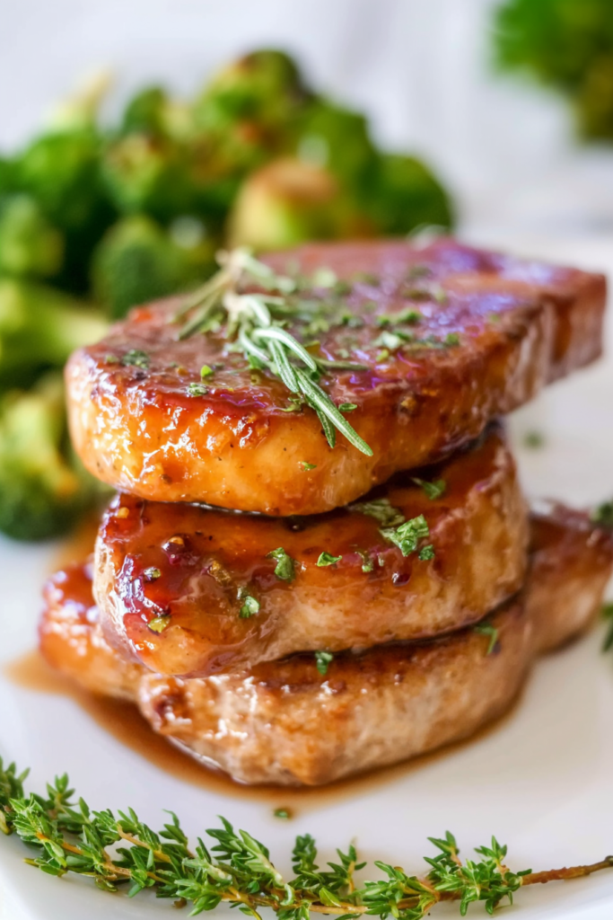 Final plating of tender pork chops, their surface glistening with sauce and topped with aromatic herbs.