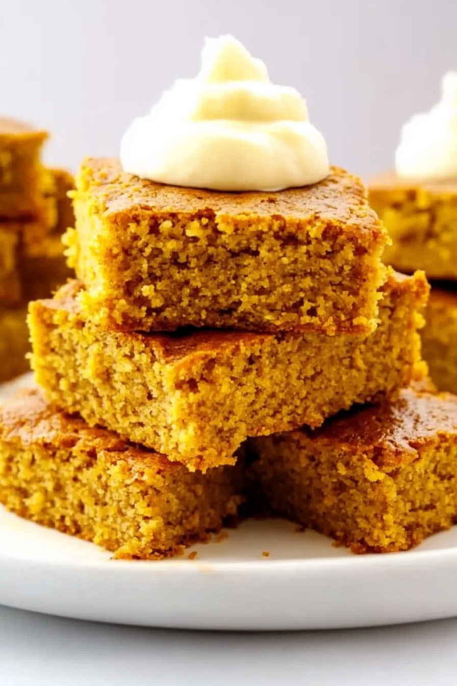 Close-up of golden cornbread bars with a soft, tender crumb and lightly crisp edges.