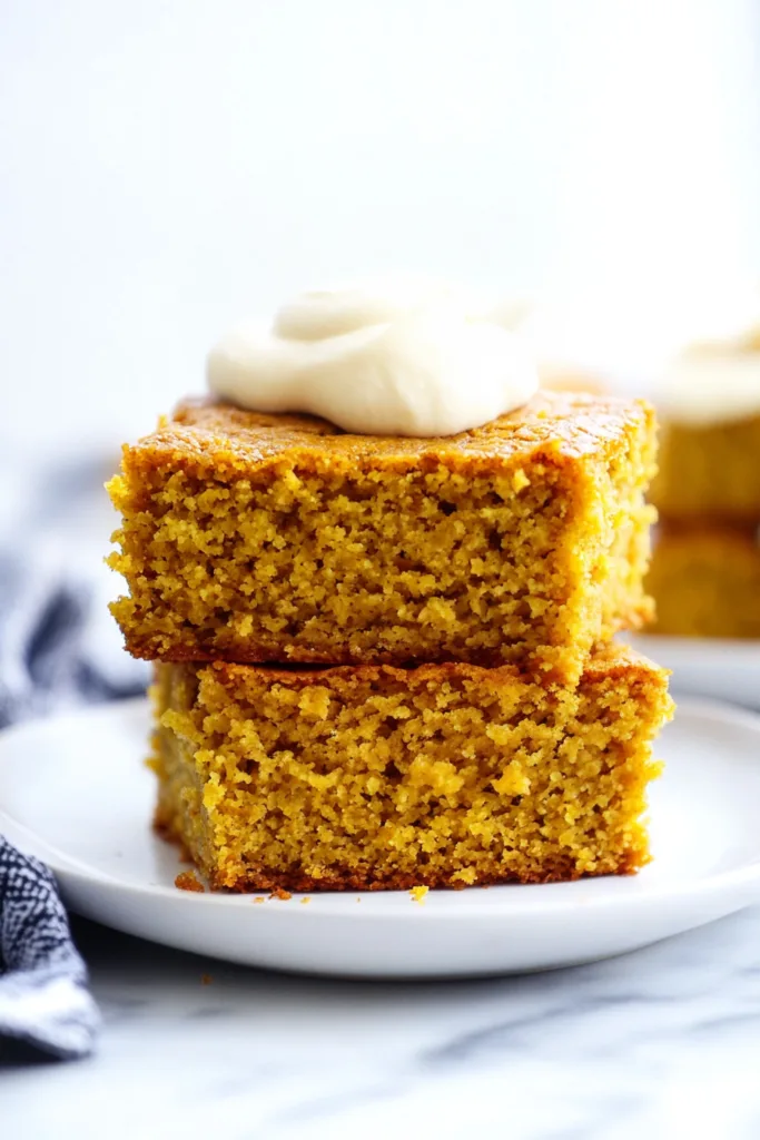 Moist pumpkin cornbread squares stacked on a white plate with a dollop of whipped cream on top.
