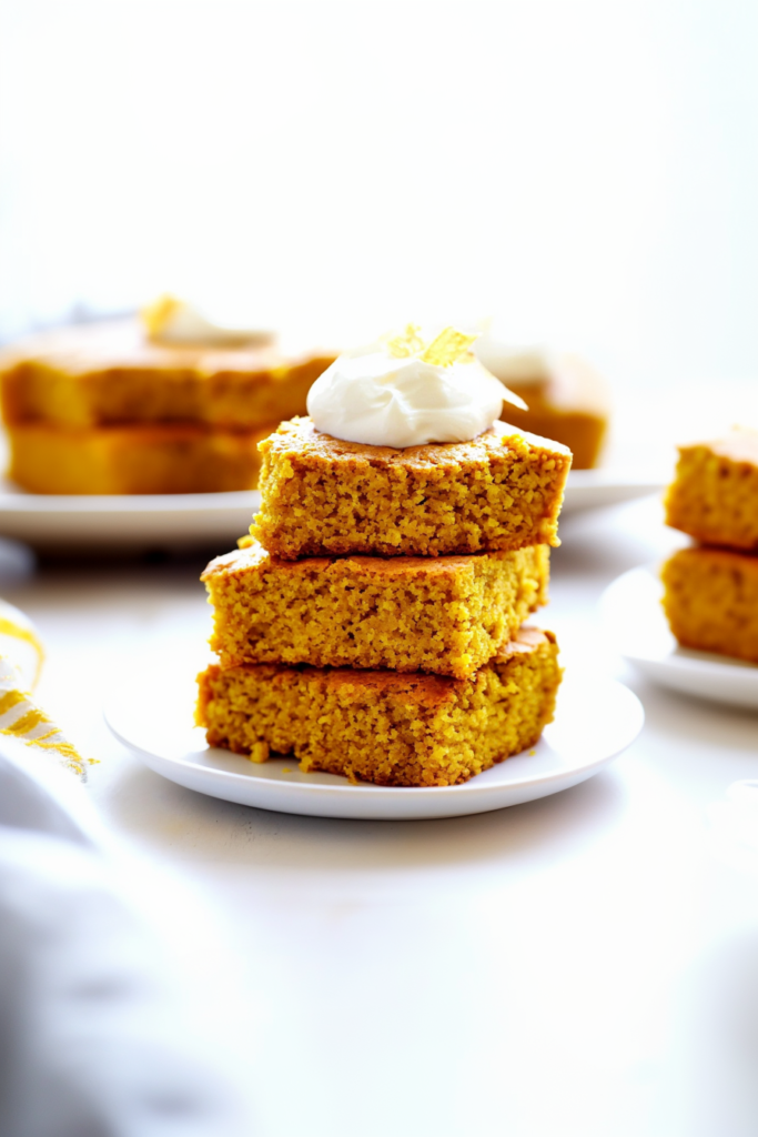 Warm pumpkin-spiced cornbread pieces served on a plate with creamy topping.