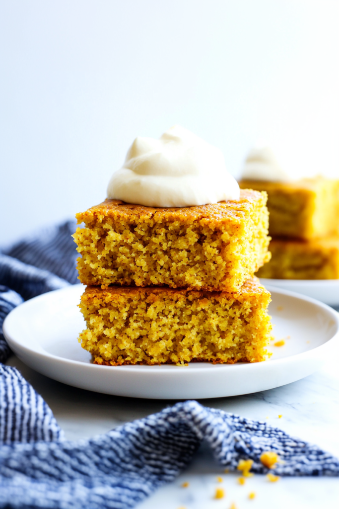 Homemade cornbread squares with a rich orange hue and fluffy texture.