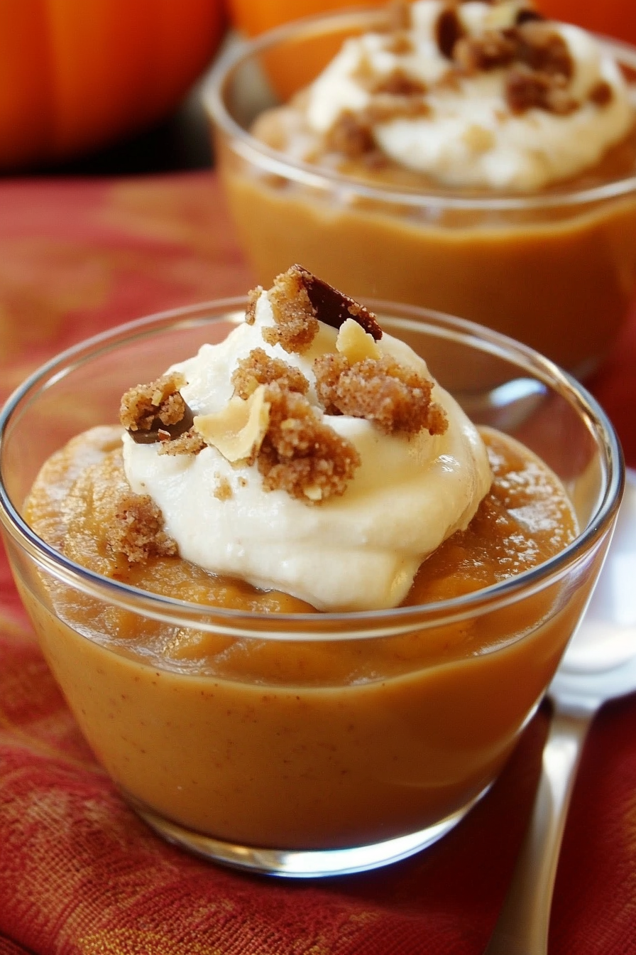 Smooth pumpkin pie pudding layered in a small glass bowl with whipped cream and crumb topping.