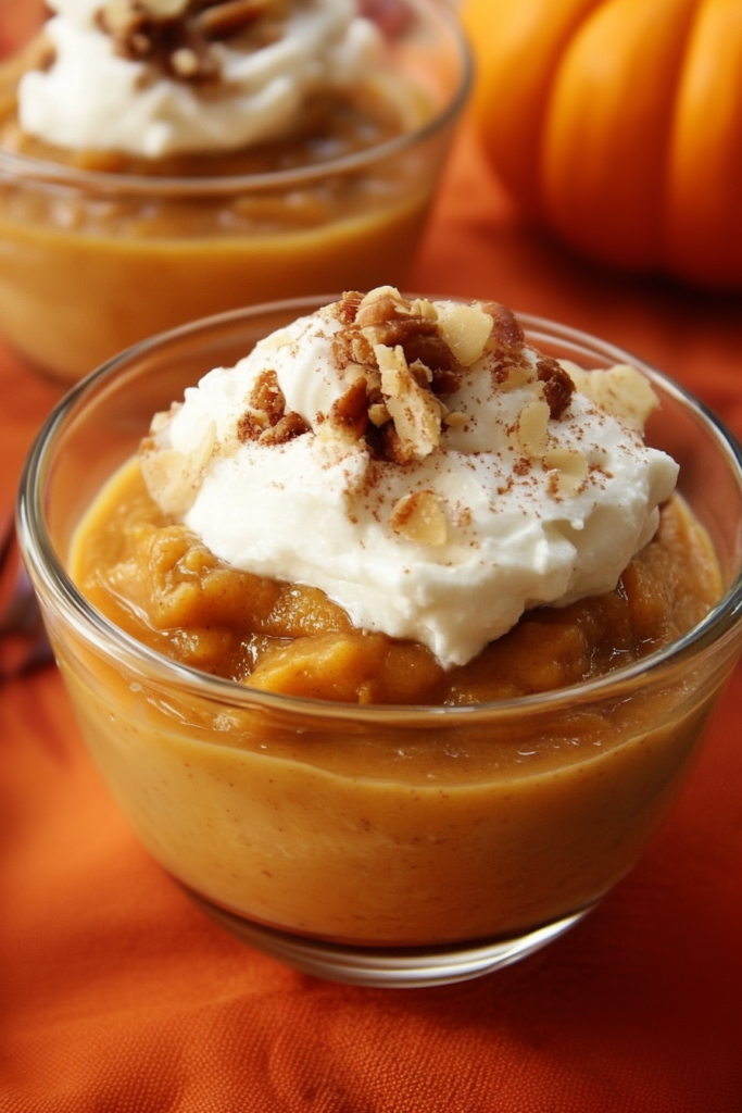 No-bake pumpkin pudding with warm spices, finished with a generous swirl of whipped cream.