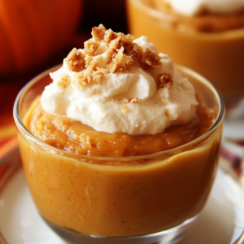 Creamy pumpkin pie pudding served in a glass cup, topped with whipped cream and crushed cookies.