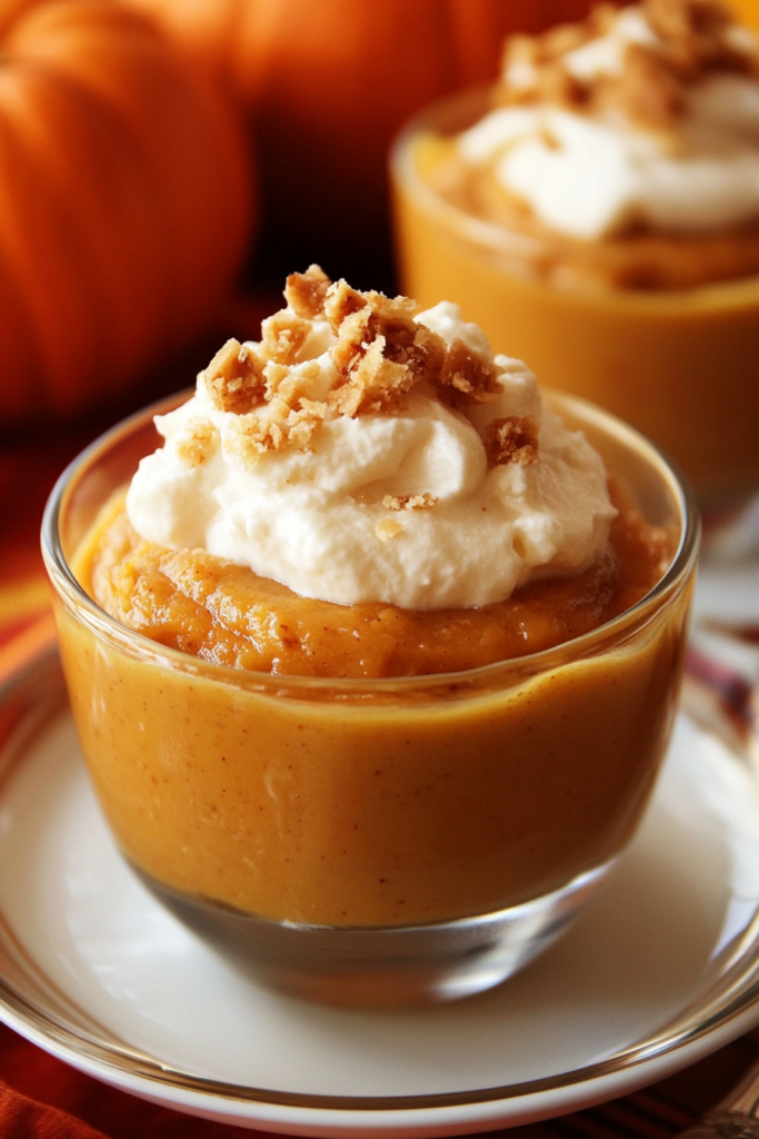 Creamy pumpkin pie pudding served in a glass cup, topped with whipped cream and crushed cookies.