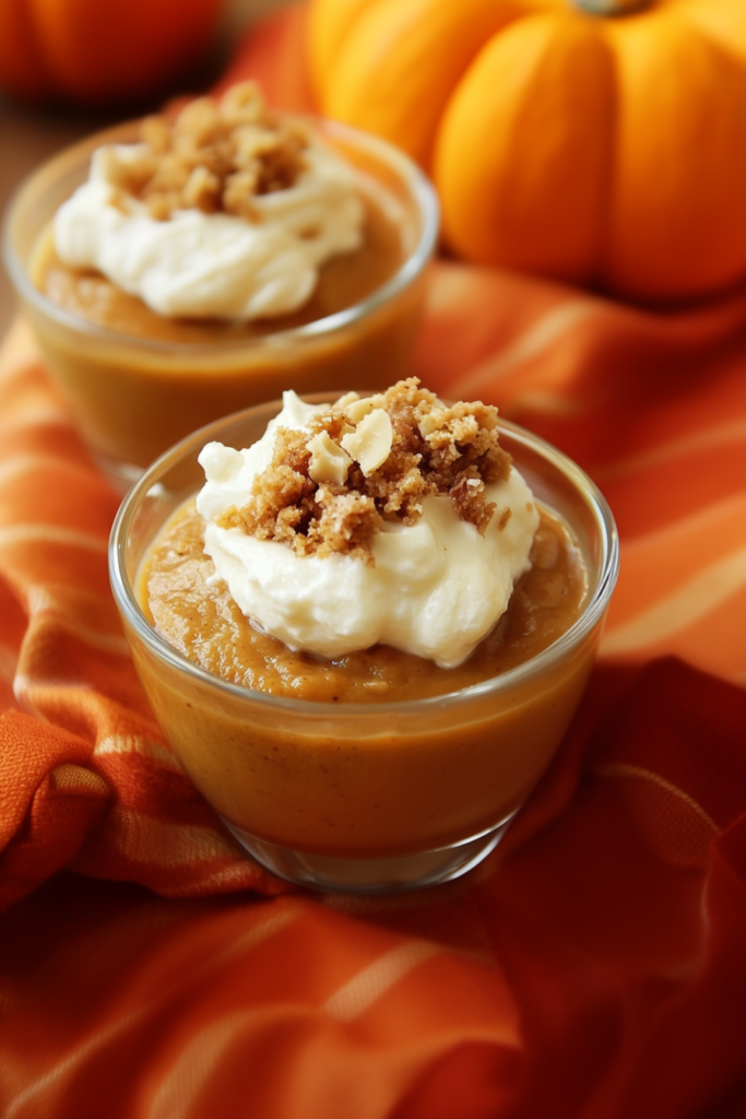 Silky pumpkin pie–inspired pudding in a clear dessert cup, garnished with whipped cream and cookie crumbles.