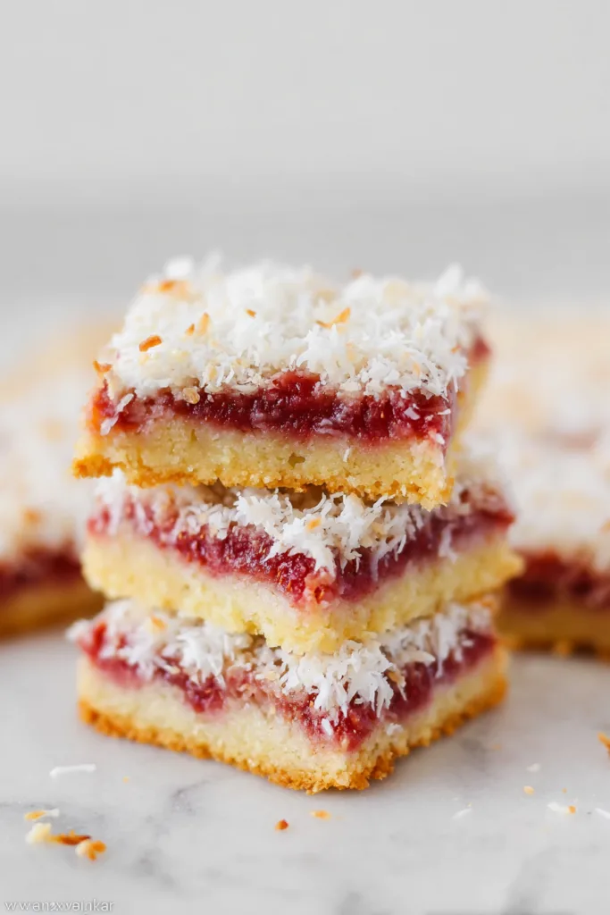 Stack of dessert bars with golden crust, vibrant raspberry filling, and shredded coconut topping.