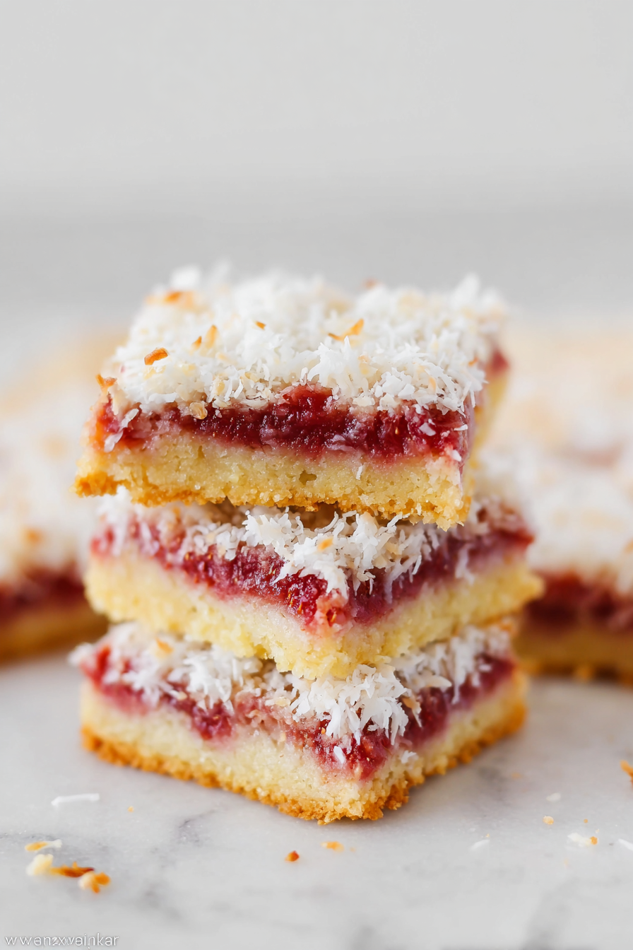 Stack of dessert bars with golden crust, vibrant raspberry filling, and shredded coconut topping.