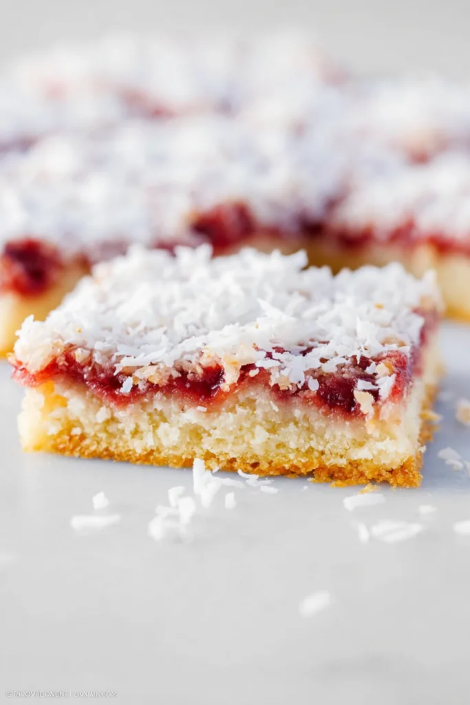 Close-up of layered bars showing red jam center and toasted coconut flakes on top.