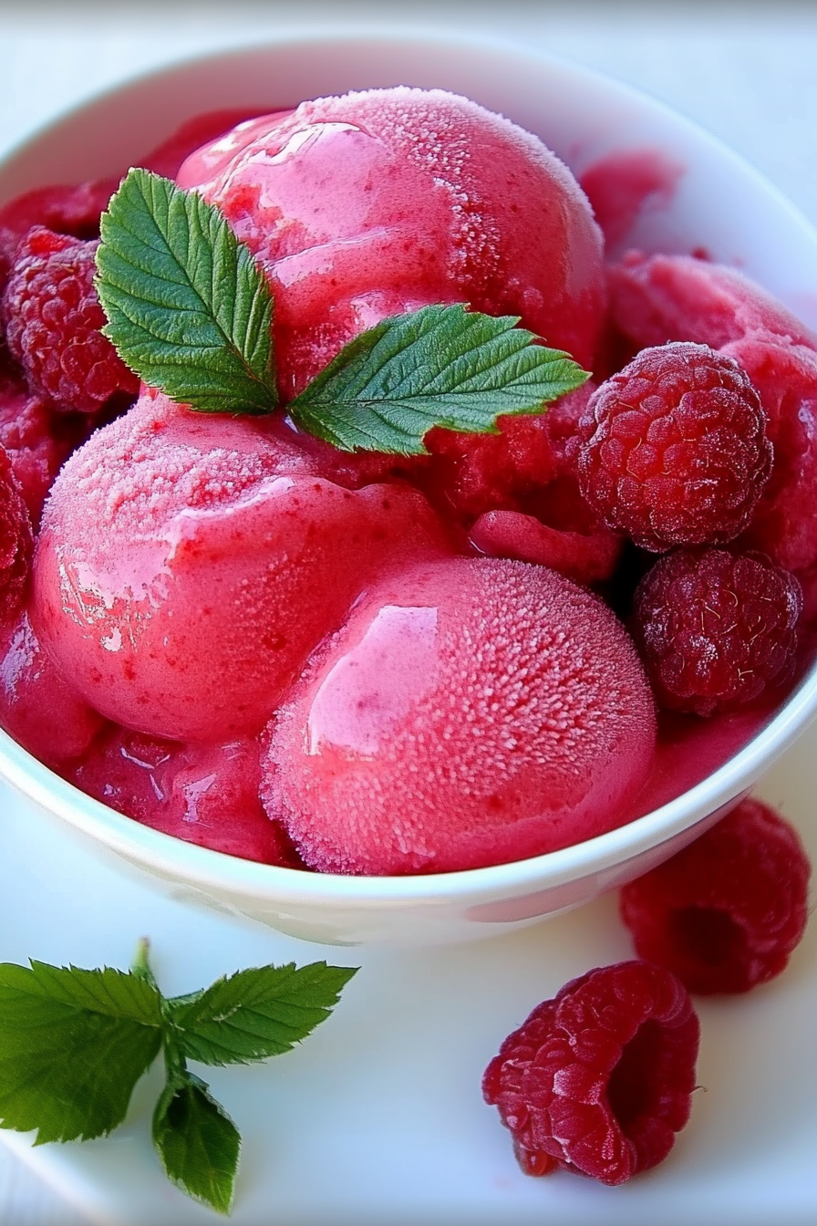 Refreshing frozen raspberry treat with icy crystals and juicy berry topping.