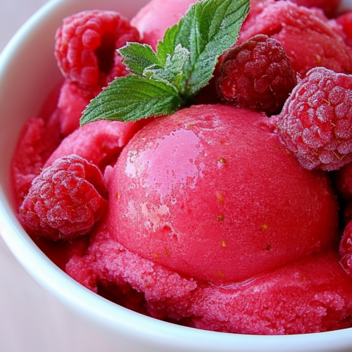 Close-up of smooth frozen raspberry dessert topped with whole berries.