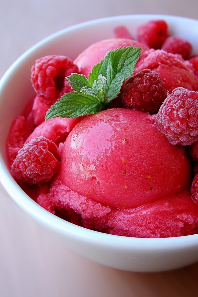 Close-up of smooth frozen raspberry dessert topped with whole berries.
