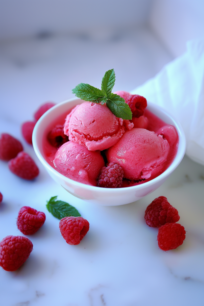 Bowl of homemade fruit sorbet garnished with fresh mint and ripe raspberries.