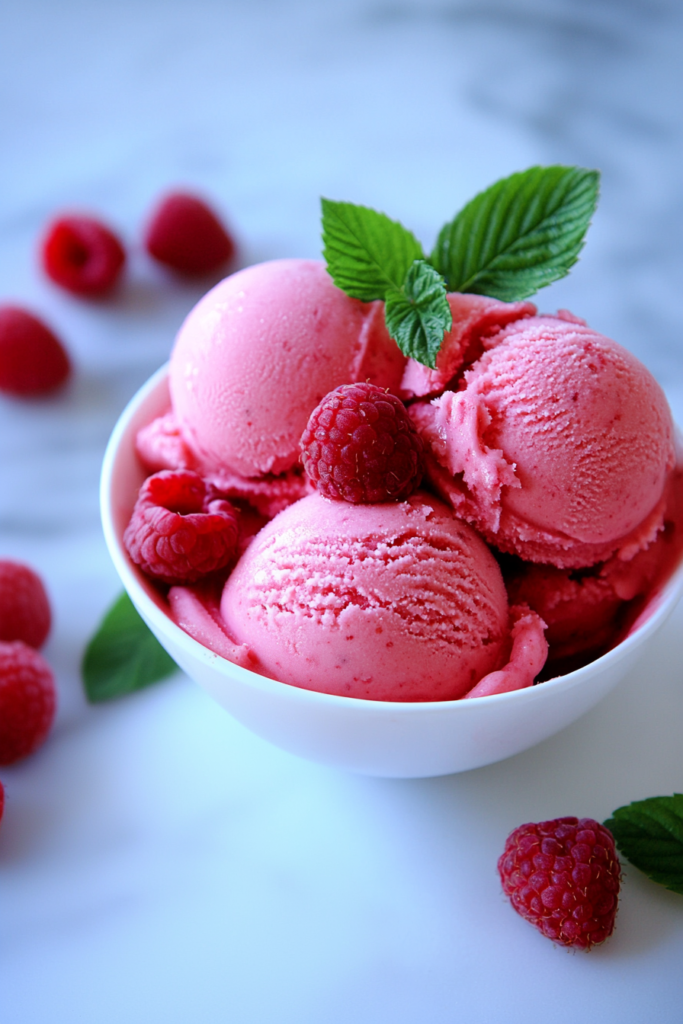 Scoops of bright pink raspberry sorbet served in a white bowl with fresh raspberries and mint leaves.