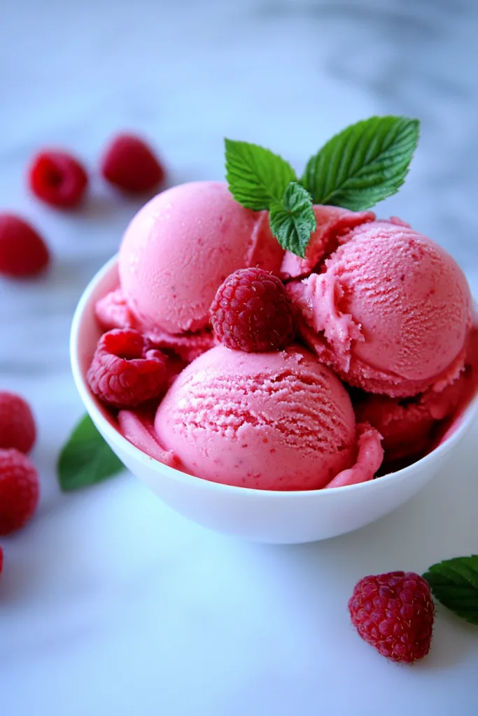 Scoops of bright pink raspberry sorbet served in a white bowl with fresh raspberries and mint leaves.