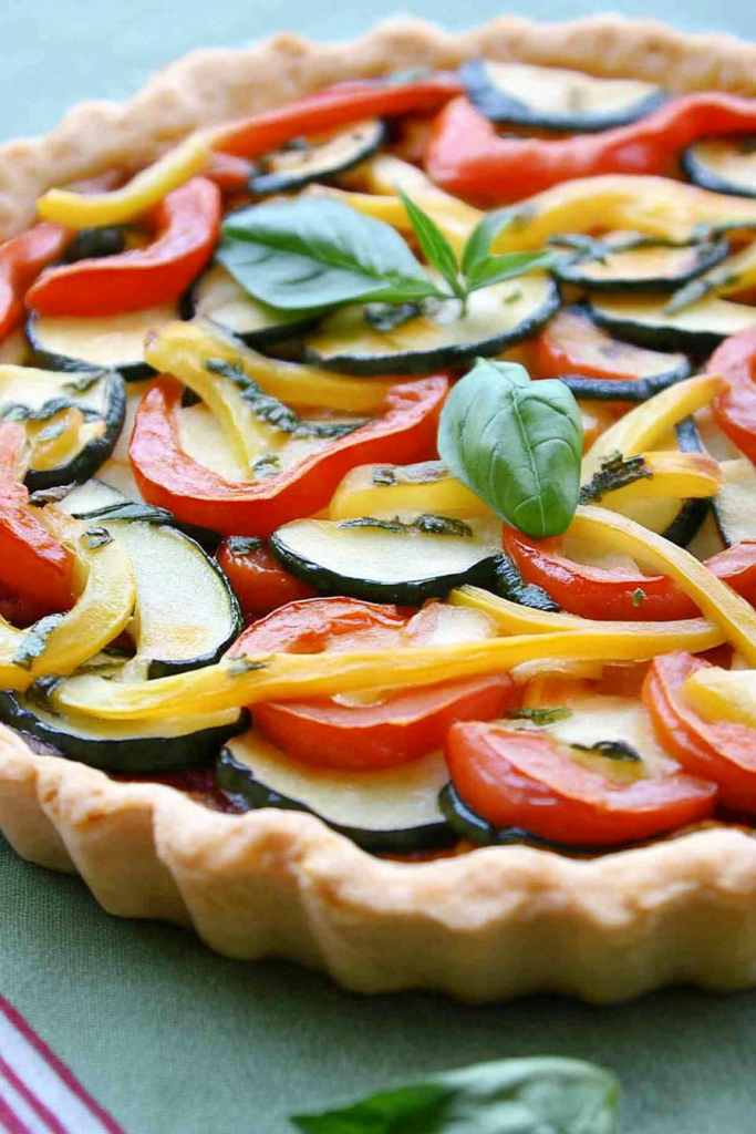 Freshly baked vegetable tart with golden edges and a lively mix of colors from the toppings.