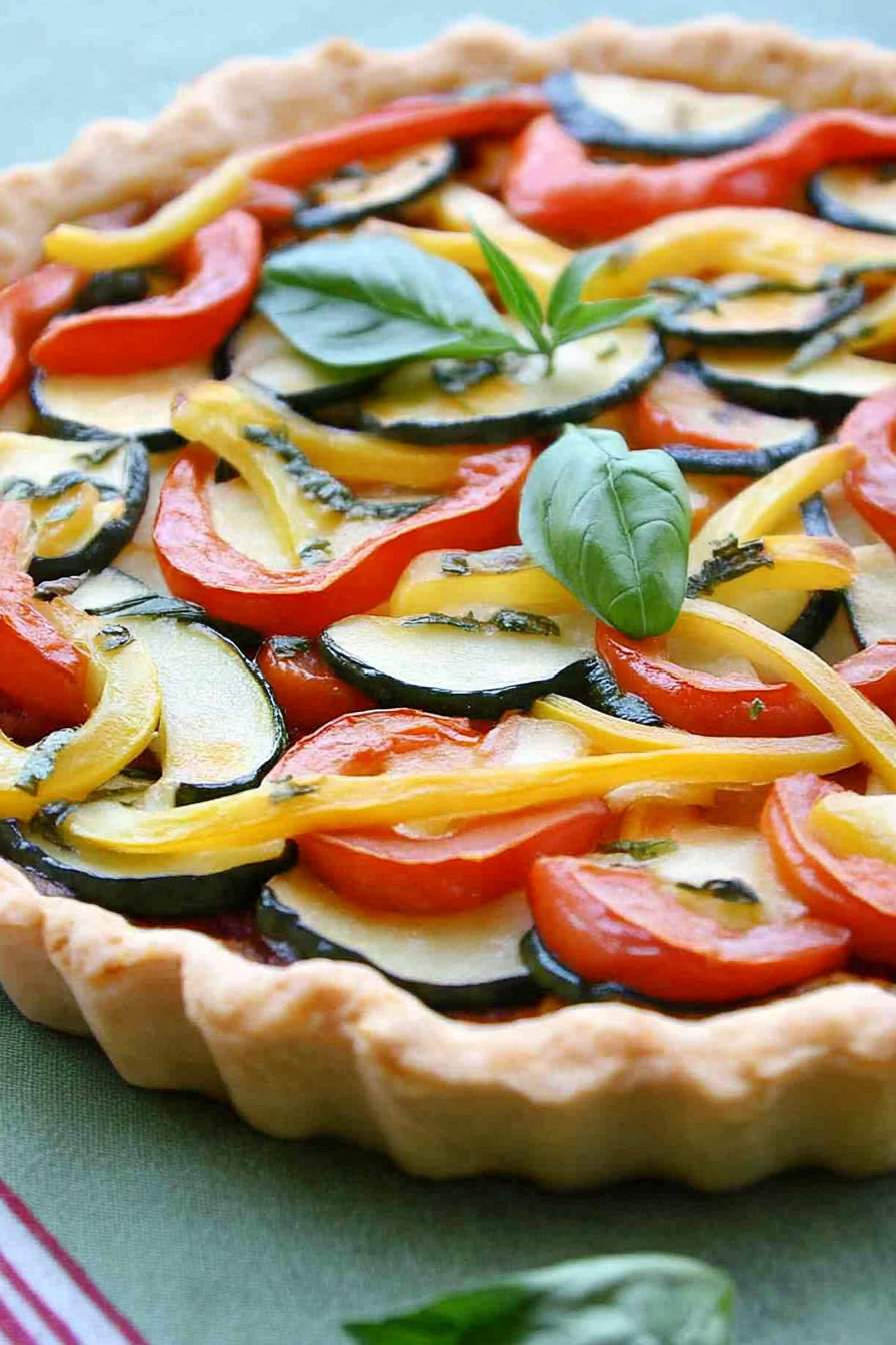 Freshly baked vegetable tart with golden edges and a lively mix of colors from the toppings.