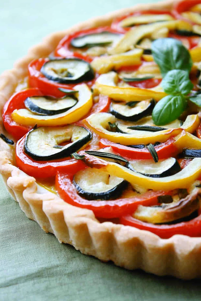 Close-up of a vibrant vegetable tart with zucchini, peppers, and tomatoes glistening under fresh basil.
