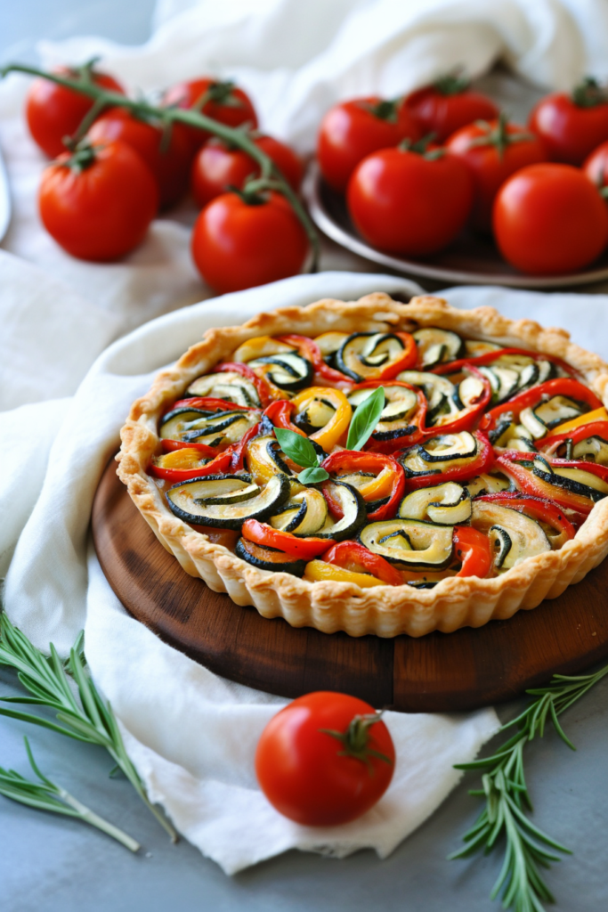 Bright medley of zucchini, bell peppers, and tomatoes layered neatly on a crisp tart base.