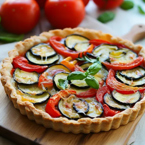 Golden pastry crust topped with colorful roasted vegetables arranged in a spiral pattern.