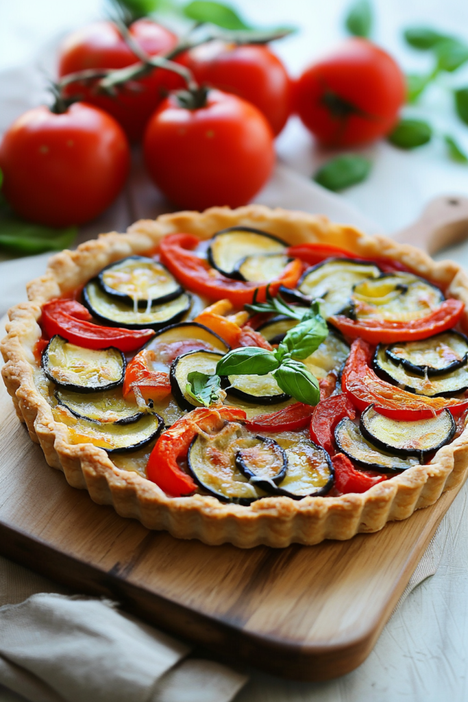 Golden pastry crust topped with colorful roasted vegetables arranged in a spiral pattern.