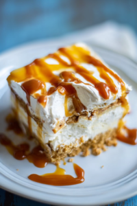 Close-up of a chilled cake with crumbly crust, smooth filling, and glossy caramel finish.