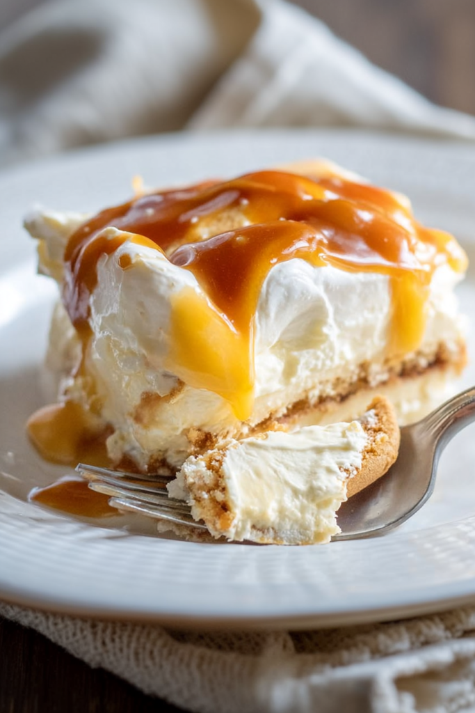 Fork resting beside a plated dessert slice, highlighting its creamy texture and caramel topping.