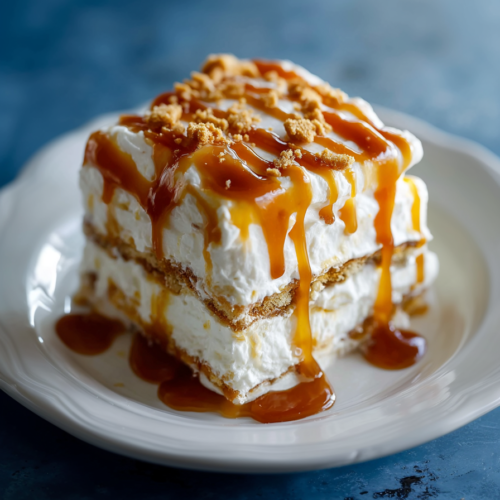 Rustic presentation of a caramel-drizzled dessert slice with graham cracker crust and fluffy filling.
