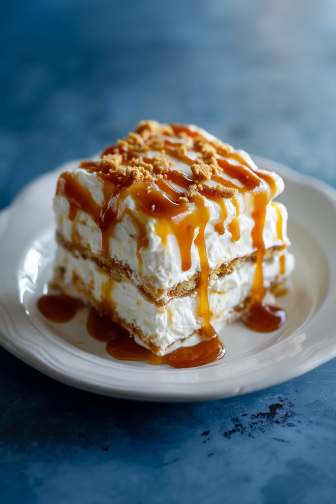 Rustic presentation of a caramel-drizzled dessert slice with graham cracker crust and fluffy filling.