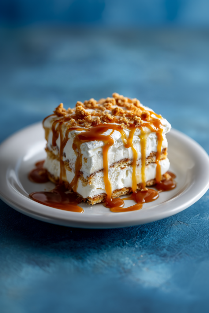 Slice of creamy layered dessert topped with whipped cream and caramel drizzle on a white plate.