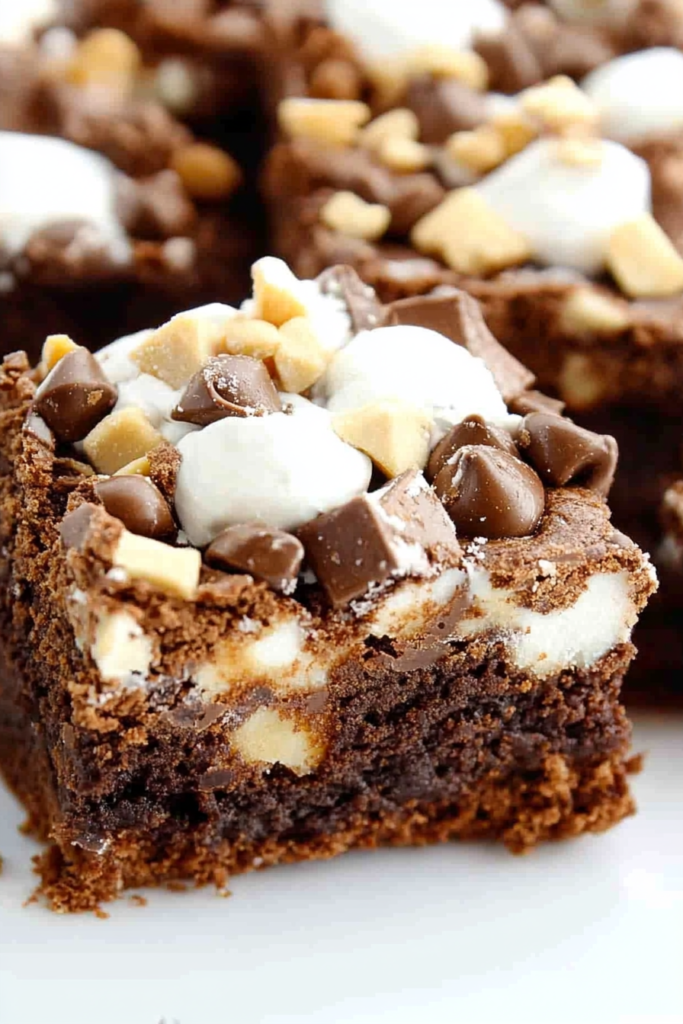 Thick chocolate dessert bars layered with melted marshmallows and mixed baking chips.