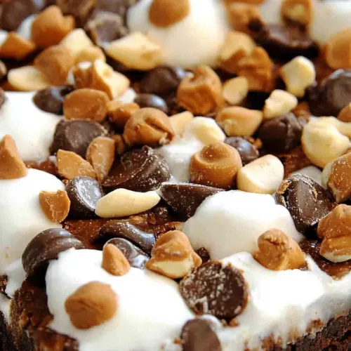 Close-up of gooey marshmallow-topped brownies loaded with chocolate and crunchy nut pieces.