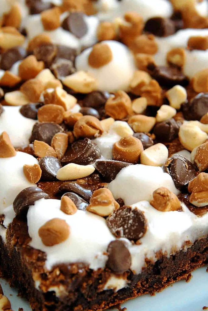 Close-up of gooey marshmallow-topped brownies loaded with chocolate and crunchy nut pieces.