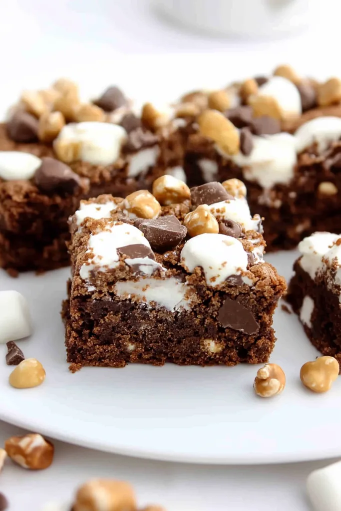 Fudgy chocolate brownies topped with toasted marshmallows, chocolate chips, and chopped nuts.