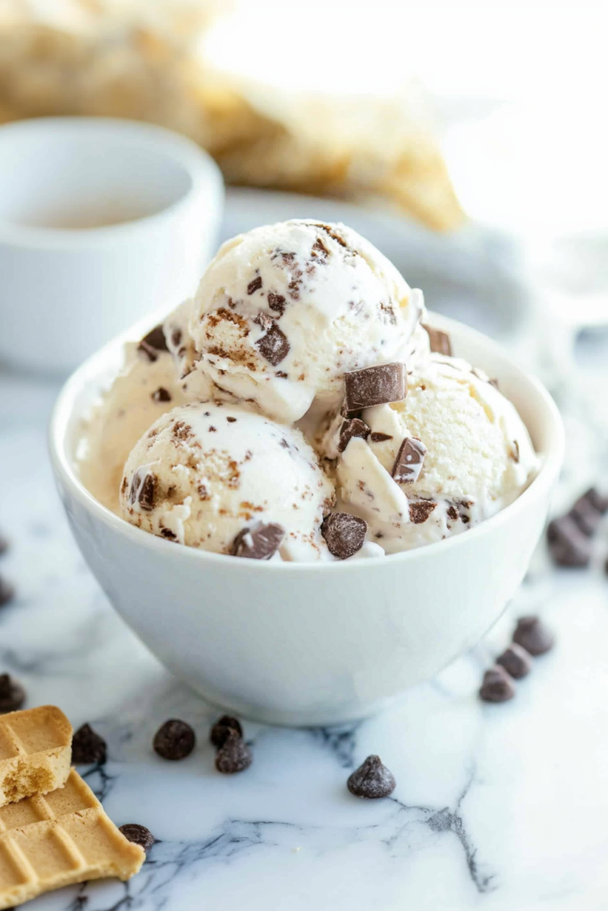 Smooth, golden-brown ice cream with embedded chocolate and cracker bits, arranged neatly in a white bowl.