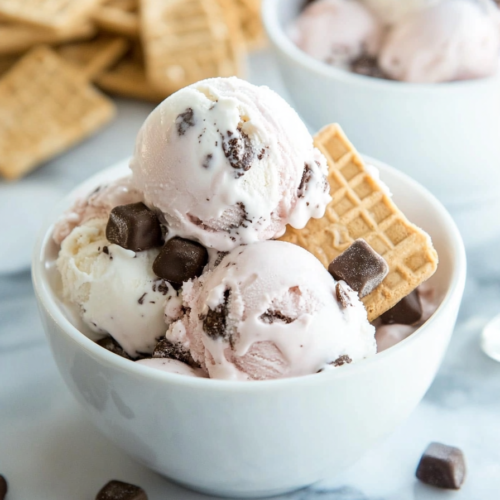 Final presentation of a frozen treat topped with chocolate pieces, ready to enjoy.