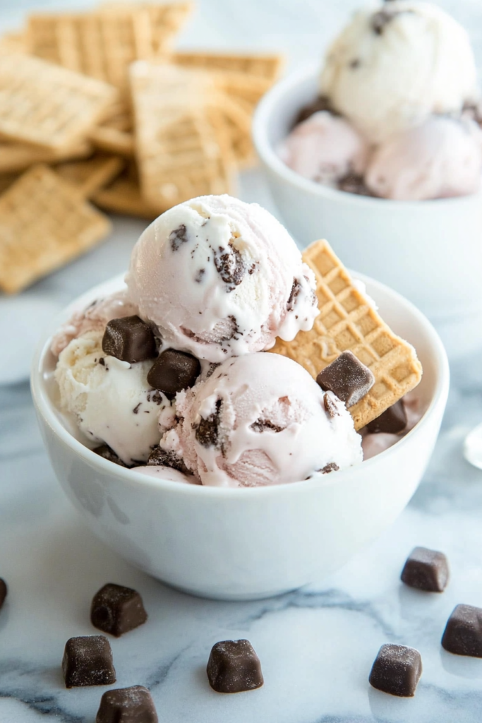 Final presentation of a frozen treat topped with chocolate pieces, ready to enjoy.