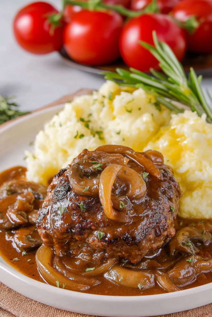 Comfort food dinner featuring a gravy-smothered beef patty served on fluffy mashed potatoes.