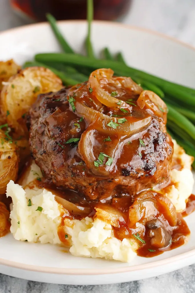 Juicy beef steak patty topped with onion gravy served over creamy mashed potatoes with green beans on the side.
