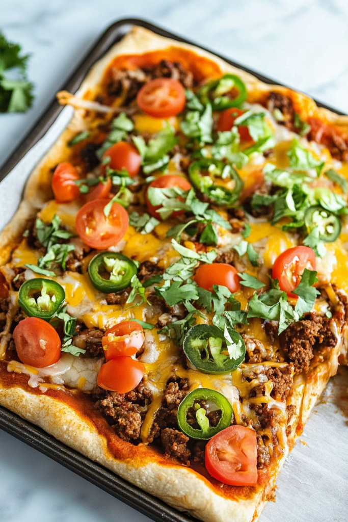 Sheet pan taco pizza cooling after baking, with toppings glistening under warm light.