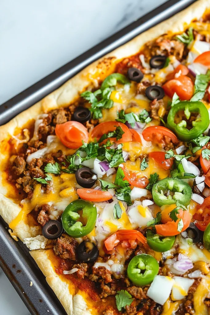 Festive fusion dish with crisp edges and a rainbow of toppings, ready to share.
