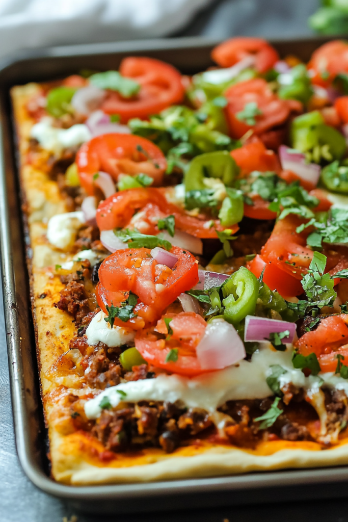 Close-up of jalapeรฑos, olives, and tomatoes scattered across a vibrant taco-inspired pizza.